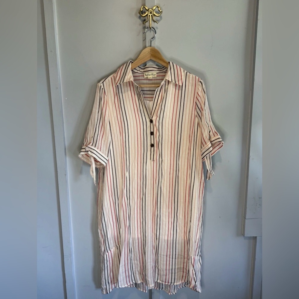 Indigo‎ Rose Women’s Striped Shirt Dress With Tie Sleeves Size L Lined